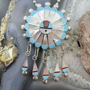 Abel Soseeah Zuni Native American Sterling Silver Inlay Sunface Pendant/Brooch
